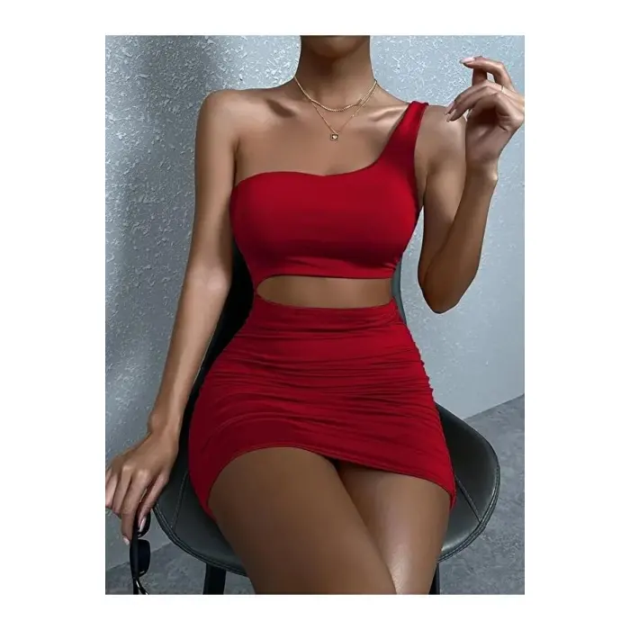 LYYN Kadın Tek Omuz Kesim Detaylı Büzgülü Fantezi Elbise 5078