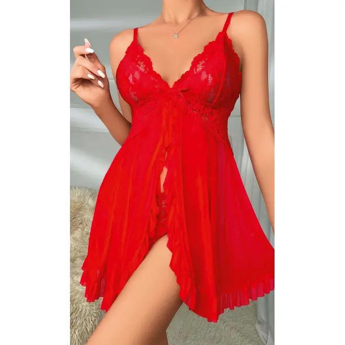 LYYN Kadın Transparan Dantel Detaylı Şık Kırmızı Fantezi Gecelik 2099
