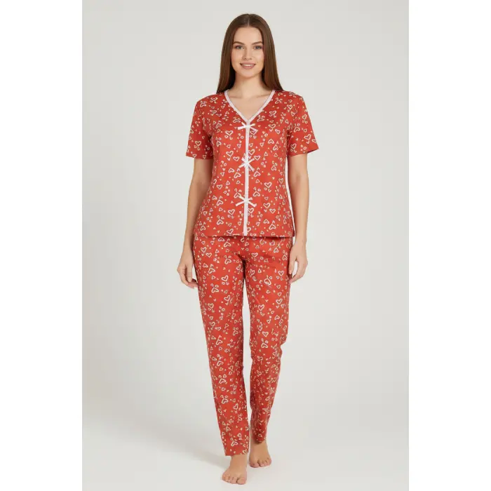 LYYN Kadın Turuncu Kalp Desenli Fiyonklu Kısa Kollu Uzun Pijama Takımı