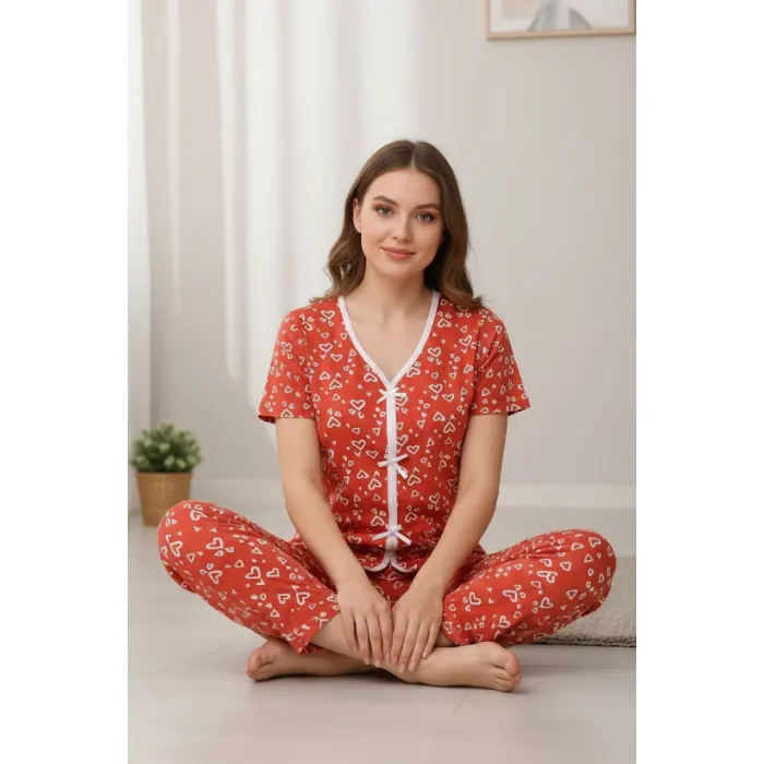 LYYN Kadın Turuncu Kalp Desenli Fiyonklu Kısa Kollu Uzun Pijama Takımı