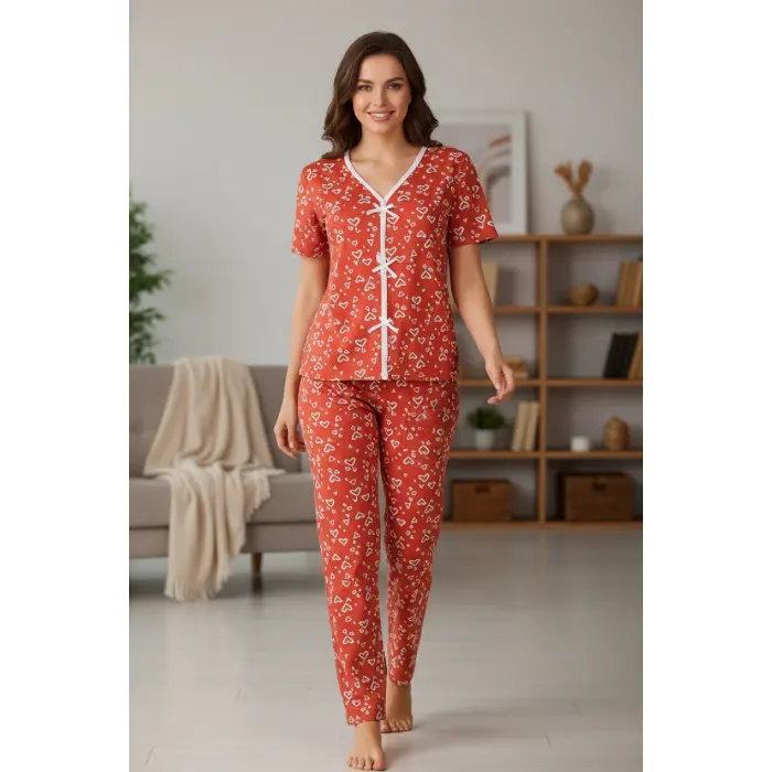 LYYN Kadın Turuncu Kalp Desenli Fiyonklu Kısa Kollu Uzun Pijama Takımı