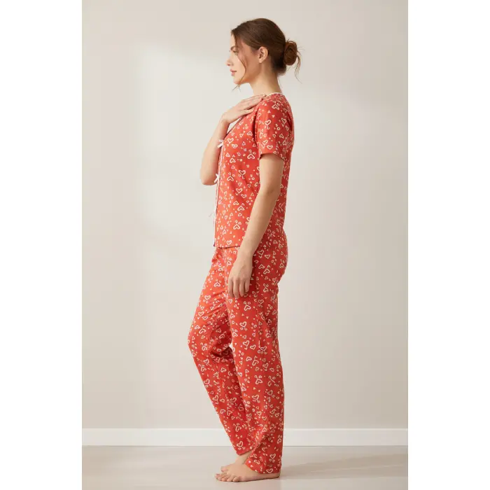 LYYN Kadın Turuncu Kalp Desenli Fiyonklu Kısa Kollu Uzun Pijama Takımı