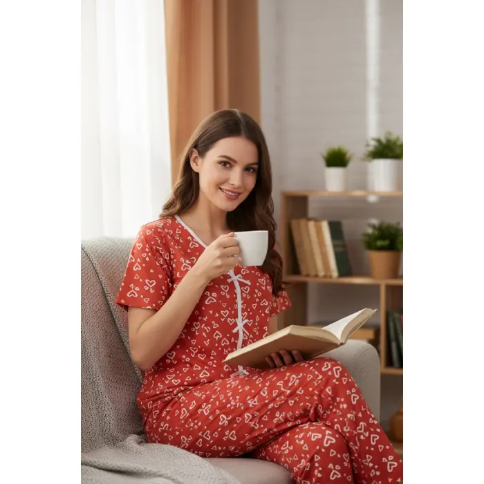 LYYN Kadın Turuncu Kalp Desenli Fiyonklu Kısa Kollu Uzun Pijama Takımı