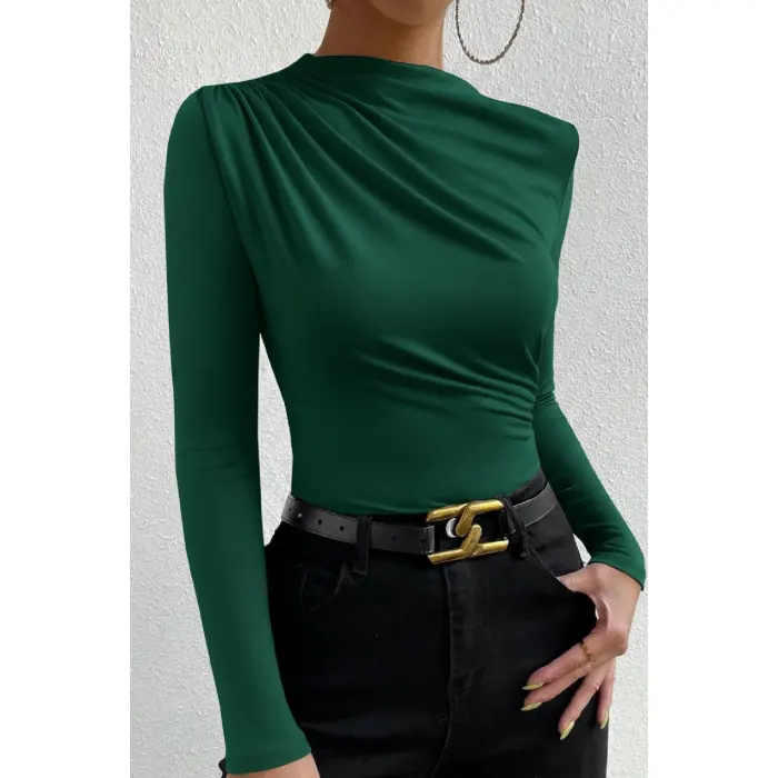 LYYN Kadın Yeşil Belden ve Boyundan Büzgü Detaylı Uzun Kollu Bluz
