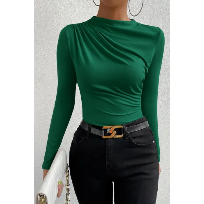 LYYN Kadın Yeşil Belden ve Boyundan Büzgü Detaylı Uzun Kollu Bluz