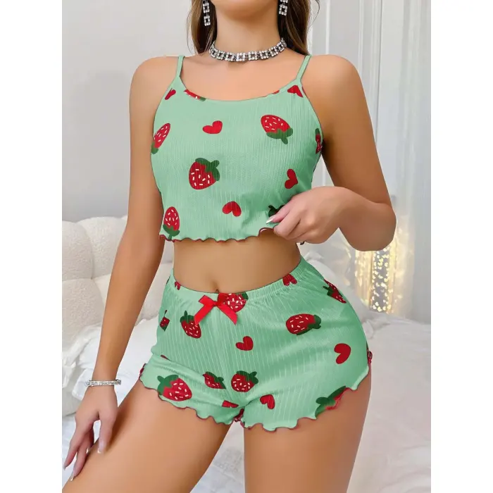 LYYN Kadın Yeşil Çilek Desenli Şortlu Pijama Takımı 5060