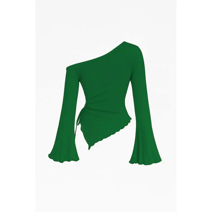 LYYN Kadın Yeşil Uzun İspanyol Kollu Asimetirik Yaka Yandan Bağlamalı Drapeli Bluz