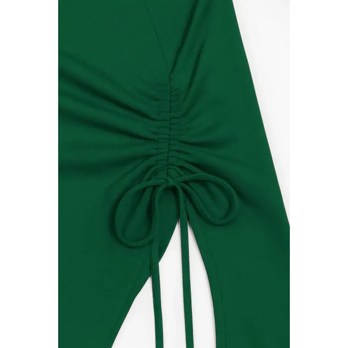 LYYN Kadın Yeşil Uzun İspanyol Kollu Asimetirik Yaka Yandan Bağlamalı Drapeli Bluz