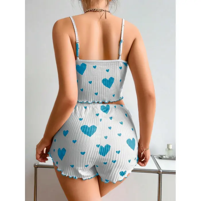 LYYN Kadınbeyaz Mavi Kalp Desenli Askılı Şortlu Pijama Takım 6657