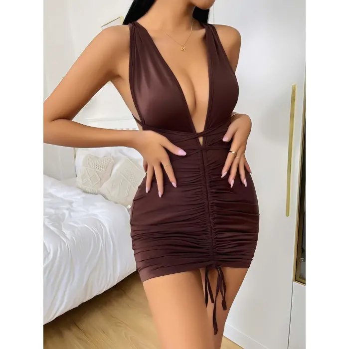 LYYN Kahverengi Şık Fantezi Clup Elbisesi 5032