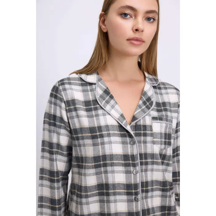 LYYN Kareli Flanel Görünümlü Uzun Kollu 2li Pijama Takımı