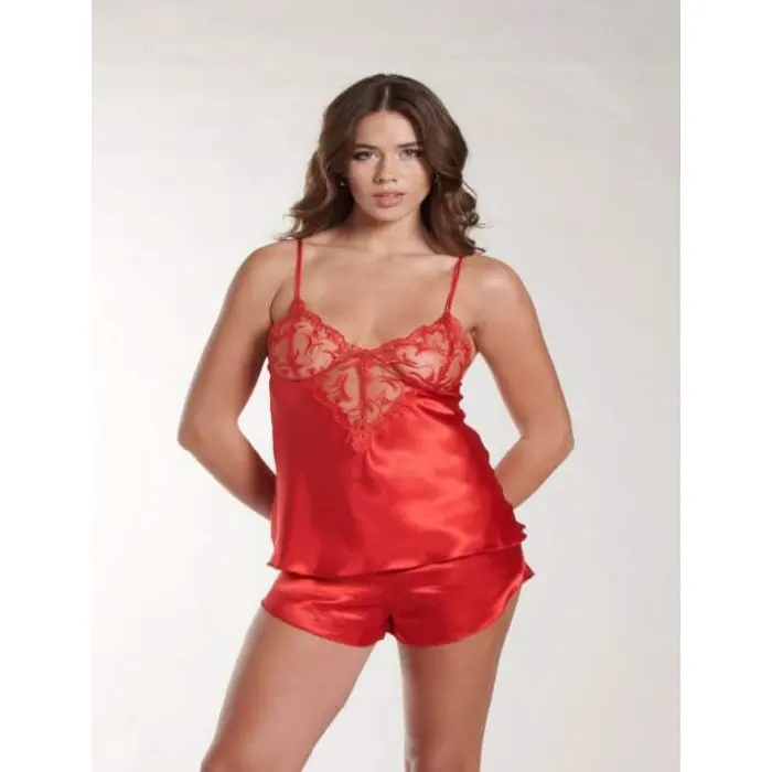 LYYN Kırmızı Dantel Detaylı İnce Askılı Saten Şortlu Takım