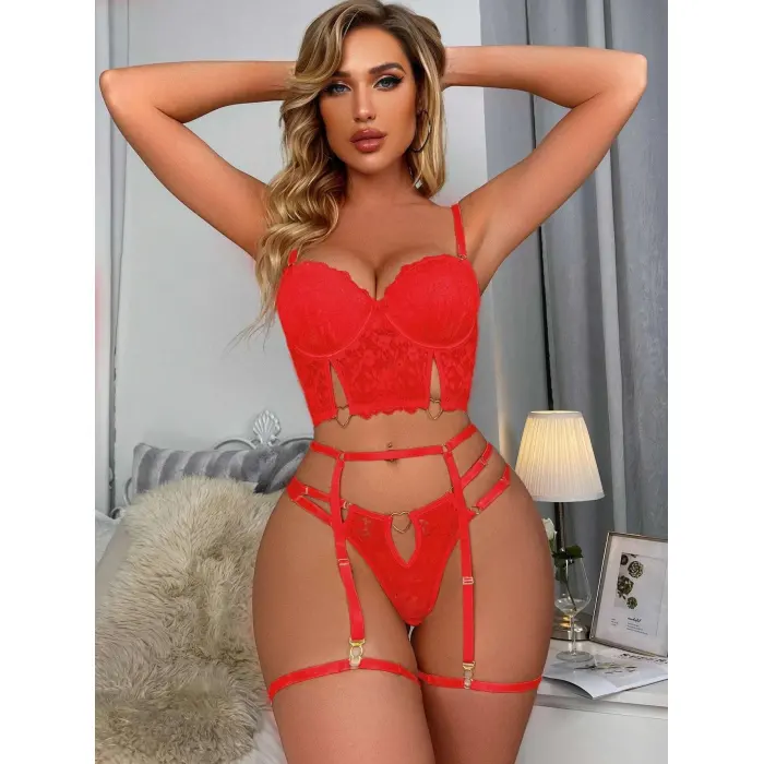 LYYN Kırmızı Dantelli Jartiyer Fantezi Seksi Büstiyer Takımı