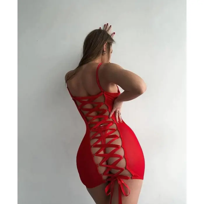 LYYN Kırmızı Fantezi Elbise Arkası Dekolteli 9001