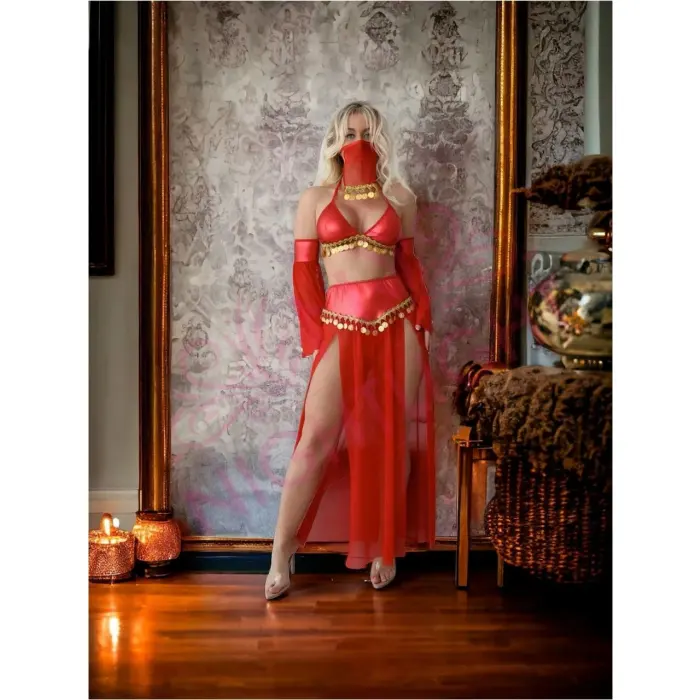 LYYN Kırmızı Peçeli Dansöz Kıyefeti