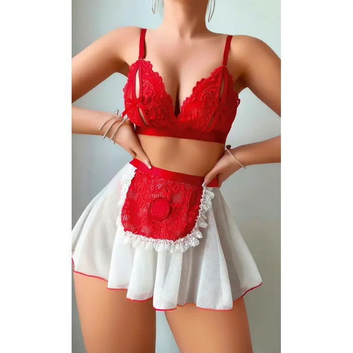 LYYN Kırmızı Puantiye Etekli Kadın Fantazi Kostüm 3819