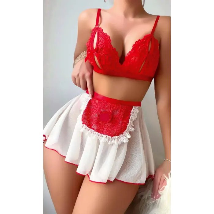 LYYN Kırmızı Puantiye Etekli Kadın Fantazi Kostüm 3819