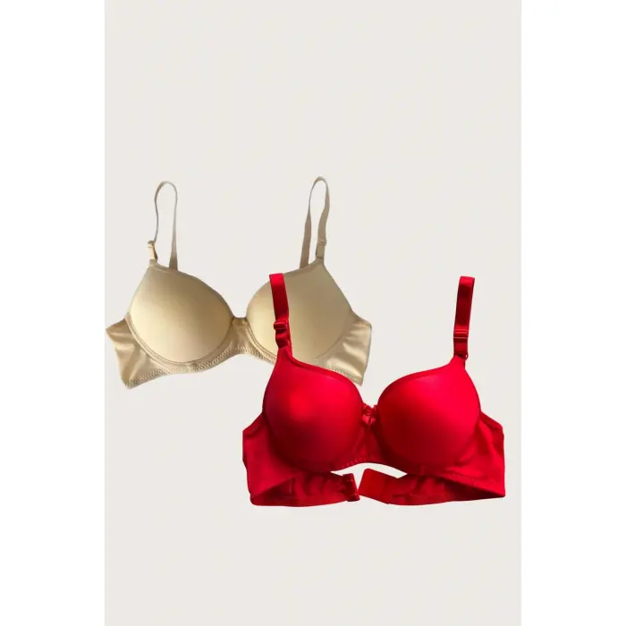 LYYN Kırmızı-ten 2li Mikro Kumaş İçi Boş Balenli Günlük Desteksiz Sütyen