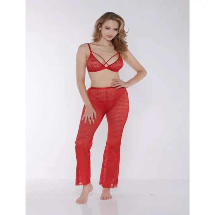 LYYN  Kırmızı Transparan Fantezi Sütyen Pijama Takımı