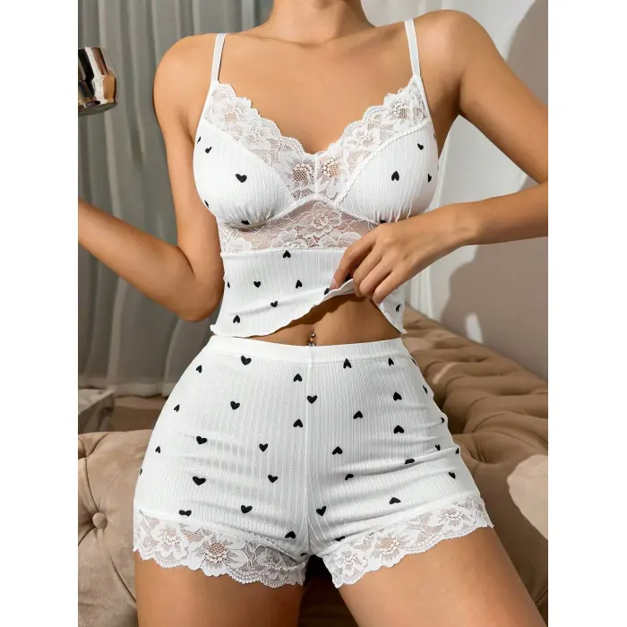 LYYN Kısa Şortlu Askılı Kalp Desenli Dantel Detaylı Pijama Takımı, Rahat Ve Şık Ev Giyim,kadın Pijama
