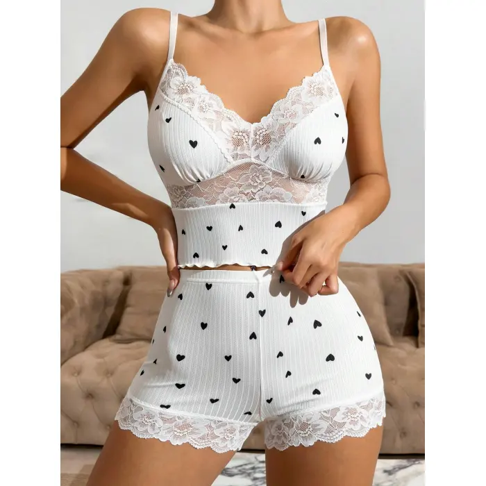 LYYN Kısa Şortlu Askılı Kalp Desenli Dantel Detaylı Pijama Takımı, Rahat Ve Şık Ev Giyim,kadın Pijama