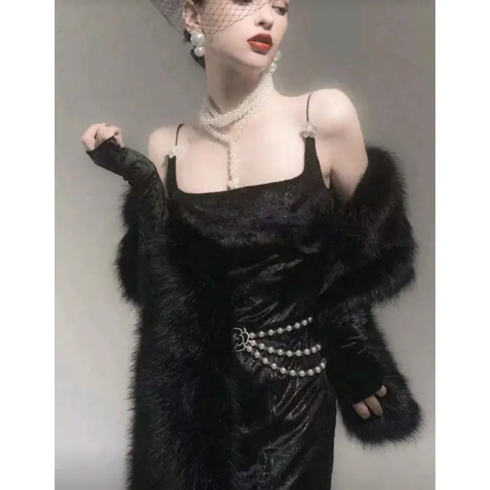 LYYN Kürk Orijinal Siyah Seksi Omuzluk Şık Kürk