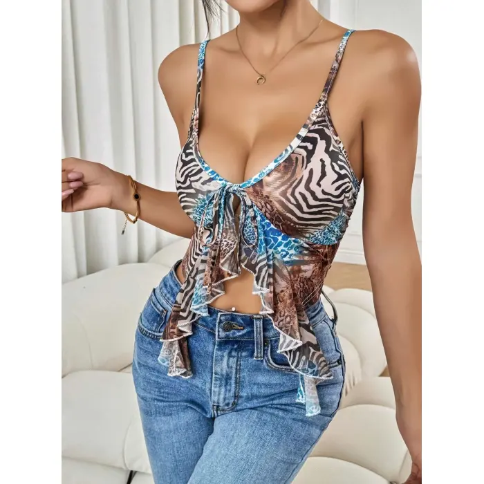 LYYN Leopar Desenli İnce Askılı Önden Bağlamalı Fırfır Detaylı Crop