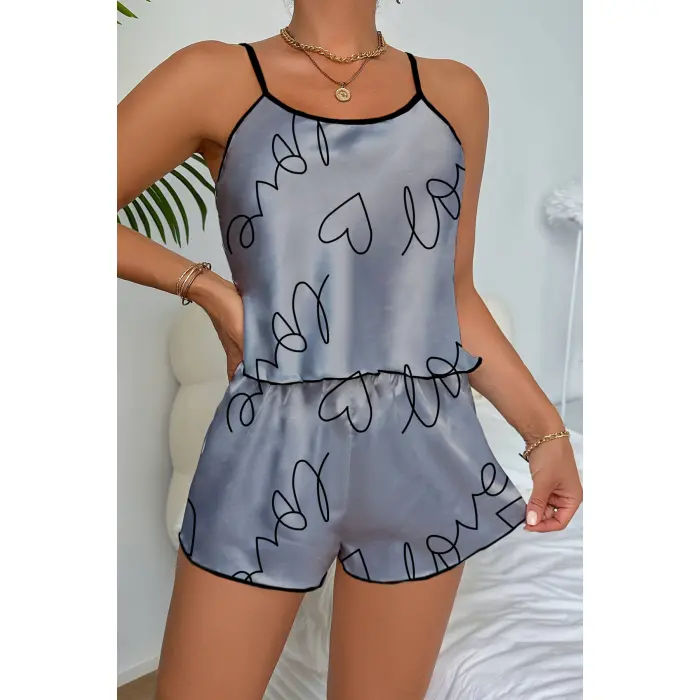 LYYN Love Baskılı Gri Saten Şortlu Gecelik Takım