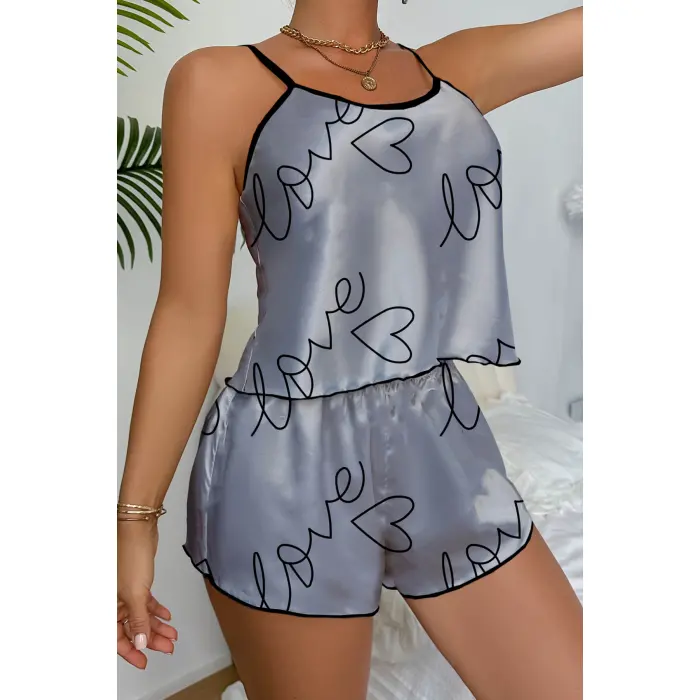 LYYN Love Baskılı Gri Saten Şortlu Gecelik Takım