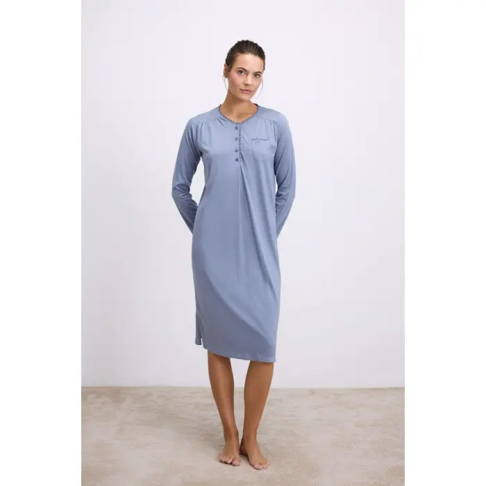 LYYN Modal Uzun Kollu Düğmeli Gecelik