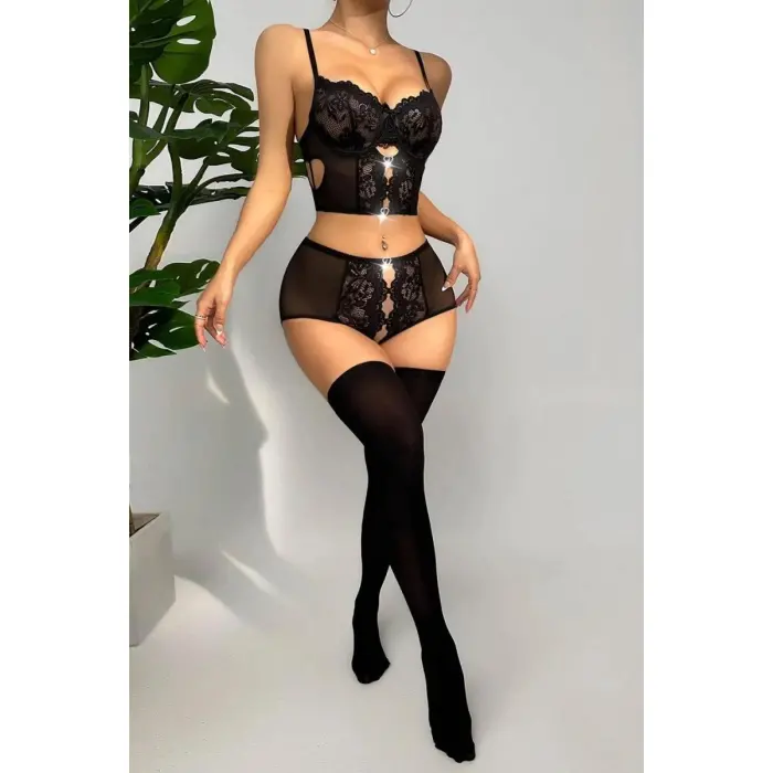 LYYN Özel Bölgesi Açık Siyah Dantelli Fantezi Büstiyer Takım