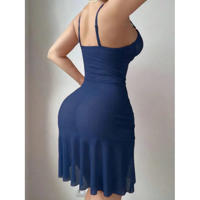 LYYN  Özel Tasarım Lacivert Dantel İşlemeli Korse Görünümlü Önden Büzgülü Fantezi Tül Gecelik