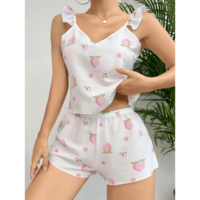 LYYN Pamuklu Beyaz Üstüne Çiçek Desen Fırfır Askılı Şortlu Pijama Takımı