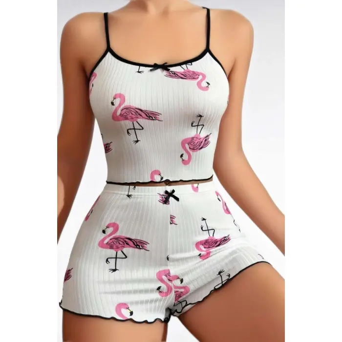 LYYN Pamuklu Beyaz Üstüne Pelikan Desen Fitilli Askılı Şortlu Pijama Takımı