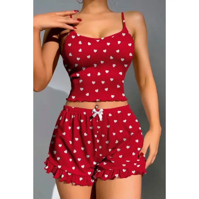 LYYN Pamuklu Kırmızı Üstüne Beyaz Kalp Desen Fitilli Askılı Şortlu Pijama Takımı