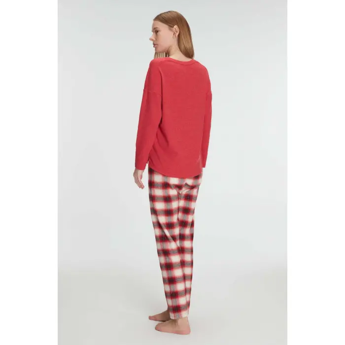 LYYN Pamuklu Kışlık Kare Desenli Uzun Kol Pijama Takımı