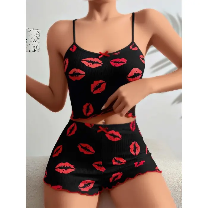 LYYN Pamuklu Kiss Öpücük Desen Siyah Fitilli Şortlu Pijama Takımı