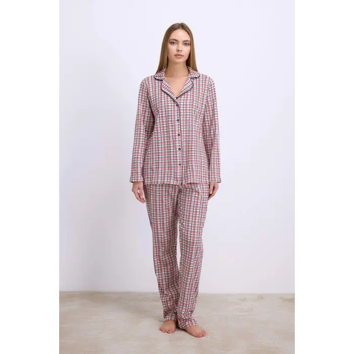 LYYN Pamuklu Uzun Kol Düğmeli Gömlek Ve Ekose Pantolon Pijama Takımı