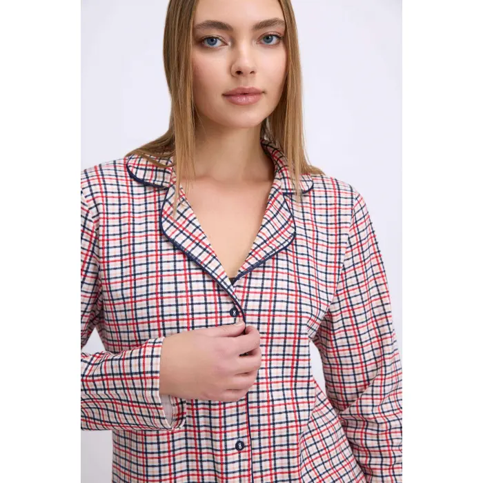 LYYN Pamuklu Uzun Kol Düğmeli Gömlek Ve Ekose Pantolon Pijama Takımı