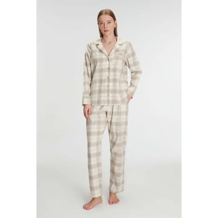 LYYN Pamuklu Uzun Kol Gömlek Pantolon Pijama Takımı