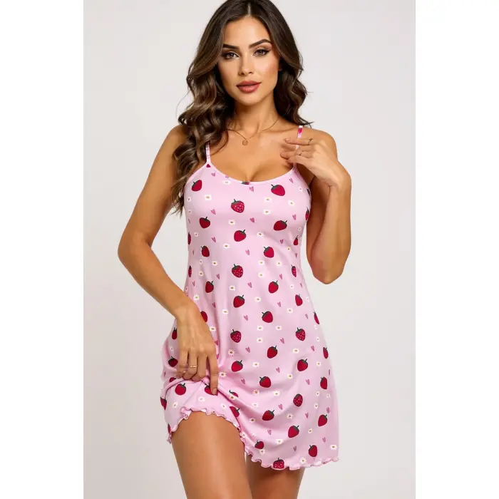 LYYN Pembe Çilek Desenli Askılı Kadın Gecelik