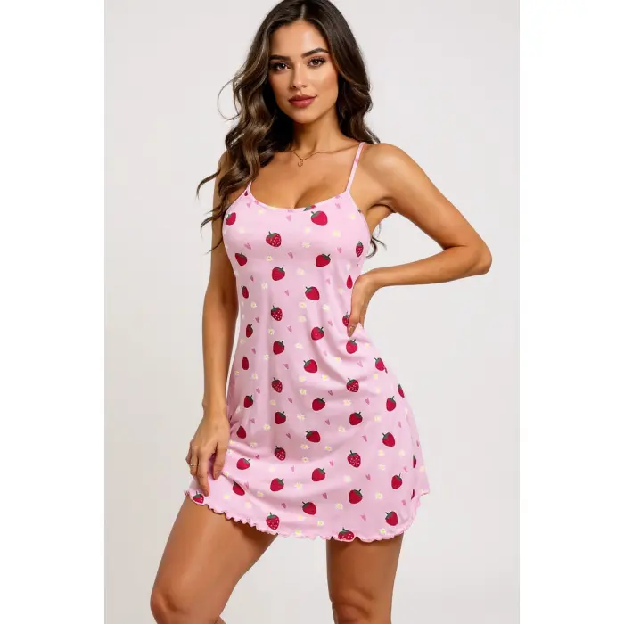 LYYN Pembe Çilek Desenli Askılı Kadın Gecelik