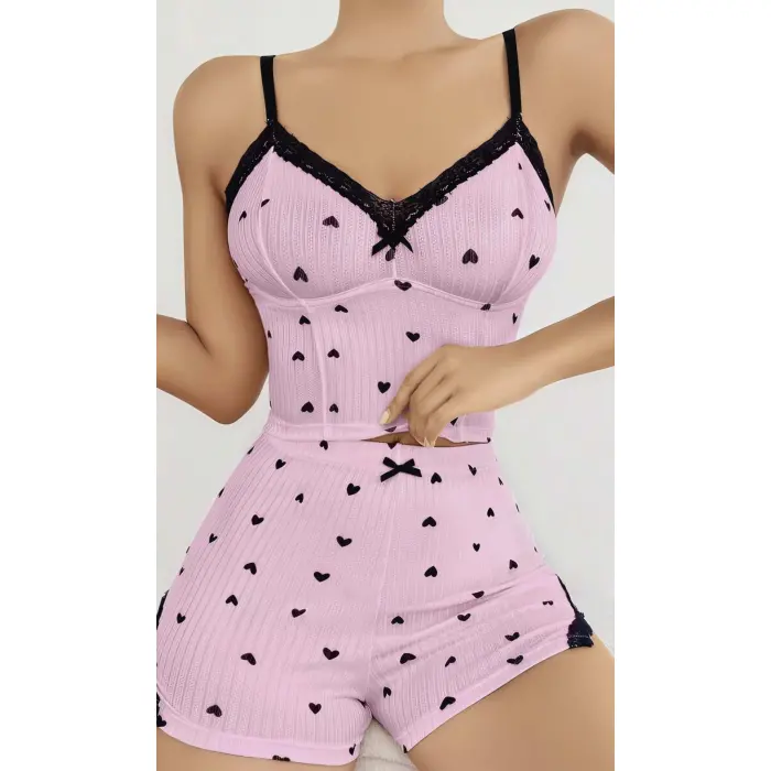 LYYN Pembe Kalp Desenli Askılı Şortlu Pijama Takım