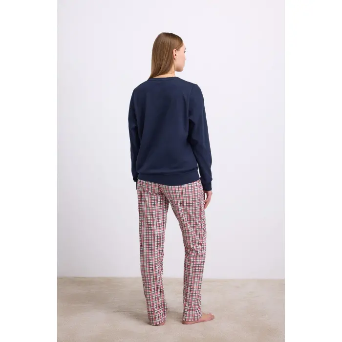 LYYN Rahat Ve Şık %100 Pamuklu Uzun Kol Sweatshirt Ve Ekose Pantolon Pijama Takımı