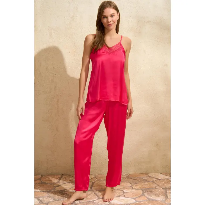 LYYN Saten Çiçek Baskılı Sabahlık Dantelli Atlet Ve Pantolon Pijama 3lü Takım