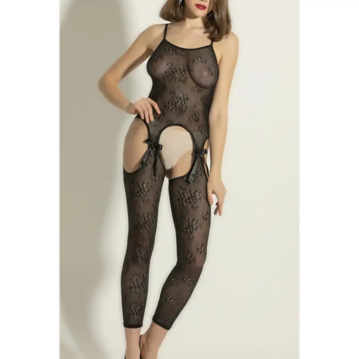 LYYN Siyah Çiçek Desenli Transparan Vücut Çorabı,seksi Uzun Tulum Fantazi İç Giyim