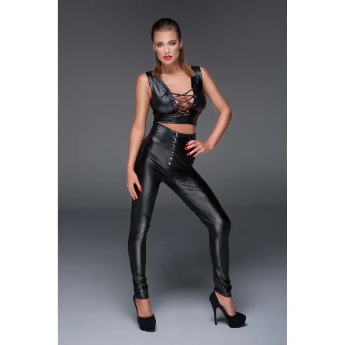 LYYN  Siyah Dekolteli Fantezi Deri Tulum