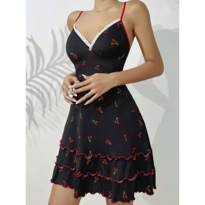 LYYN Siyah Kiraz Baskılı  Akılı Gecelik 5110