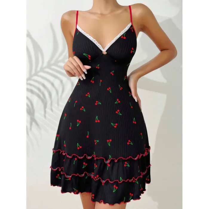 LYYN Siyah Kiraz Baskılı  Akılı Gecelik 5110