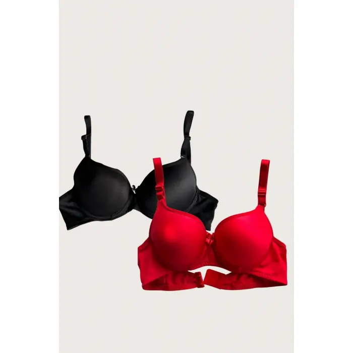 LYYN Siyah-kırmızı 2li Mikro Kumaş İçi Boş Balenli Günlük Desteksiz Sütyen